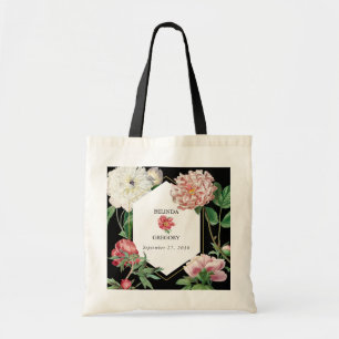 Watercolor Pink Peonies Flowers Wedding Black Tote Bag