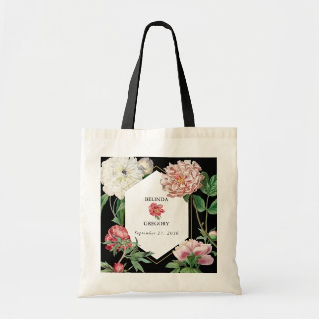 Watercolor Pink Peonies Flowers Wedding Black Tote Bag (Front)