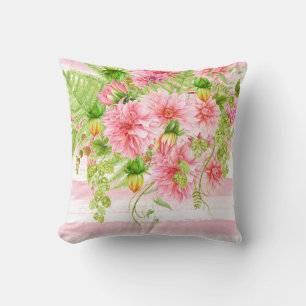 Watercolor Pink Peonies Greenery Pink Stripes Cushion