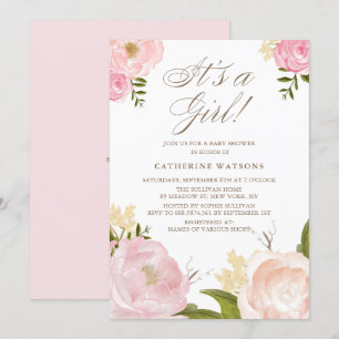 Watercolor Pink Peonies It's a Girl Baby Shower Invitation