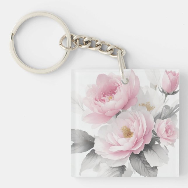 Watercolor Pink Peonies Key Ring (Front)