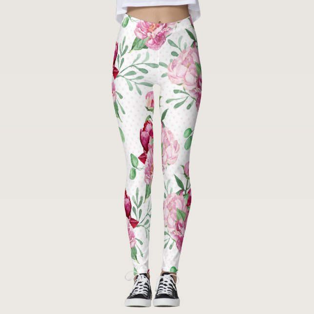 watercolor pink peonies leggings (Front)