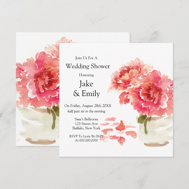 Watercolor Pink Peonies Mason Jar Wedding Shower Invitation (Front/Back)
