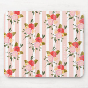 Watercolor Pink Peonies Pinstripes Custom Mousepad