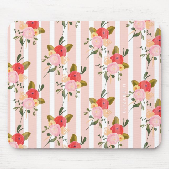 Watercolor Pink Peonies Pinstripes Custom Mousepad (Front)
