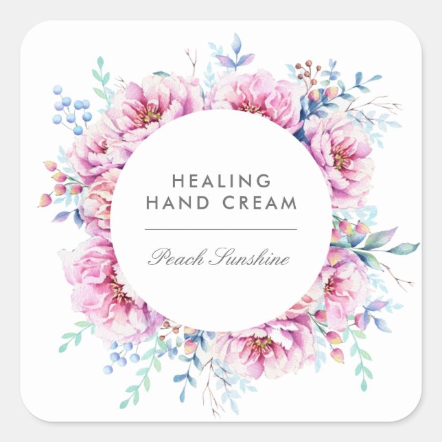 Watercolor Pink Peonies Product Business Square Sticker (Front)