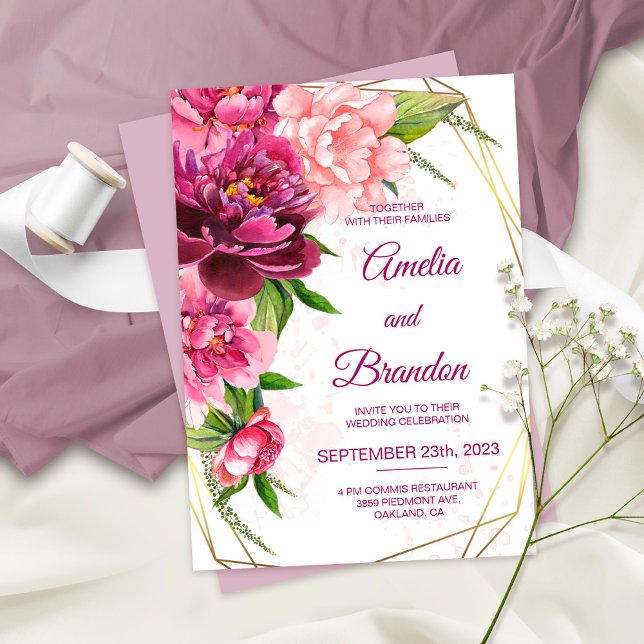 Watercolor Pink Peonies Rustic Wedding Invitation (Creator Uploaded)