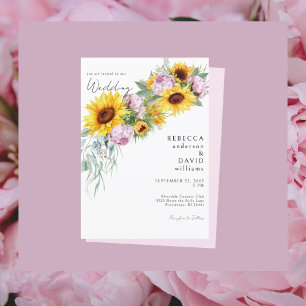 Watercolor Pink Peonies & Sunflower Wedding Invitation