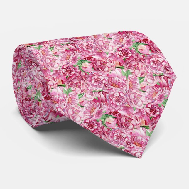 Watercolor Pink Peonies Tie (Rolled)