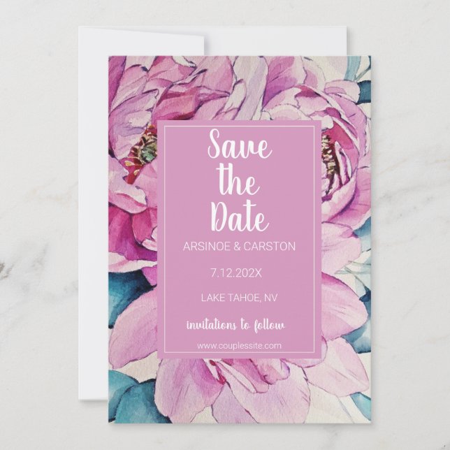 Watercolor Pink Peonies Wedding Save The Date (Front)