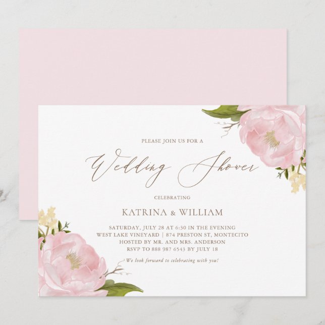 Watercolor Pink Peonies Wedding Shower Invitation (Front/Back)