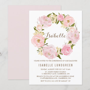 Watercolor Pink Peonies Wreath Christening Invitation