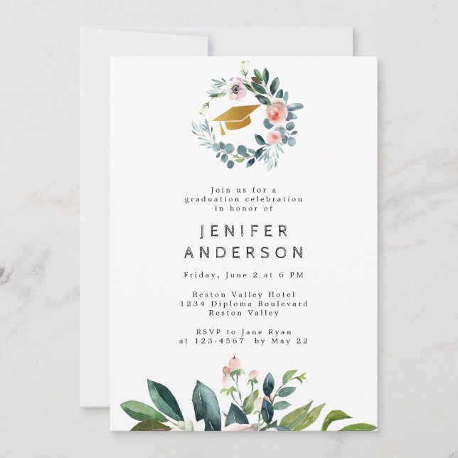 Watercolor Pink Peonies Wreath Graduation Party Invitation (Front)