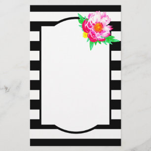 Watercolor Pink Peony Black & White Stationery