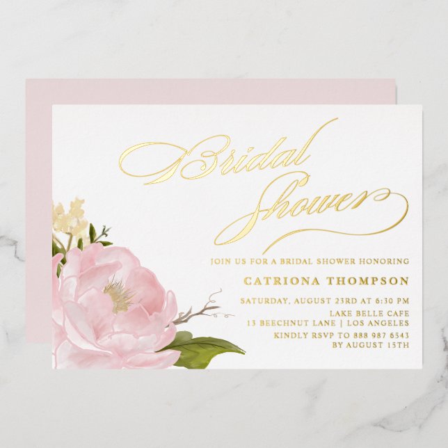 Watercolor Pink Peony Bridal Shower Gold (Front/Back)