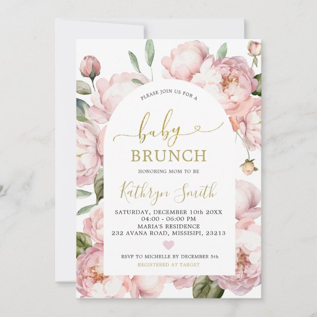 Watercolor Pink Peony Floral Arch Baby Brunch Invitation (Front)