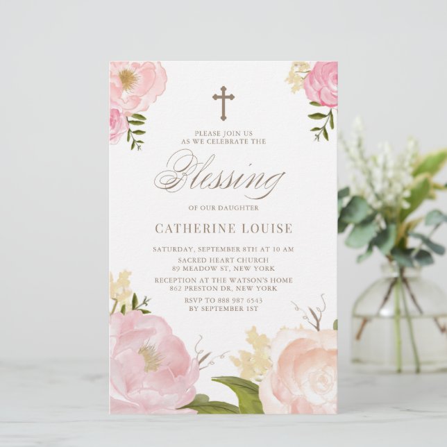 Watercolor Pink Peony Floral Baby Blessing Invite (Standing Front)
