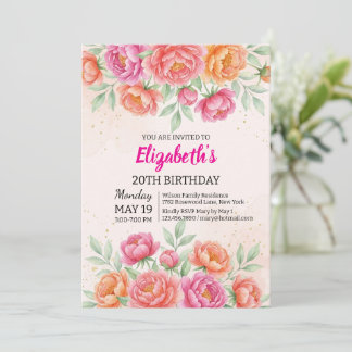 Watercolor Pink Peony Floral Birthday Invitation