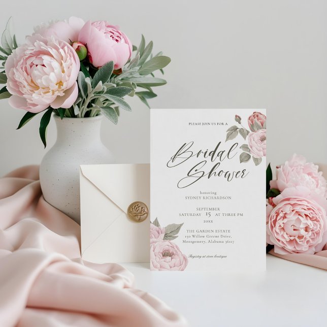 Watercolor Pink Peony Floral Blossom Bridal Shower Invitation (Watercolor Pink Peony Floral Blossom Bridal Shower Invitation)