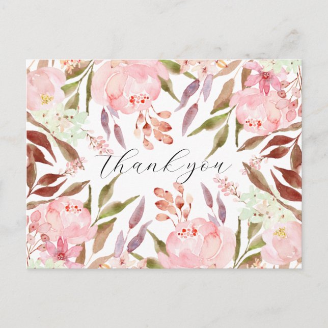Watercolor Pink Peony Floral Thank You Postcard (Front)