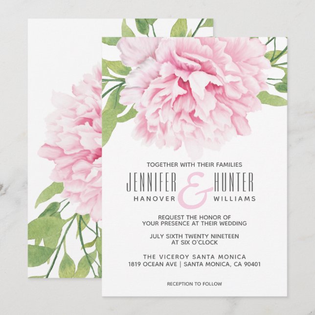 Watercolor Pink Peony Floral | Wedding Invitation (Front/Back)