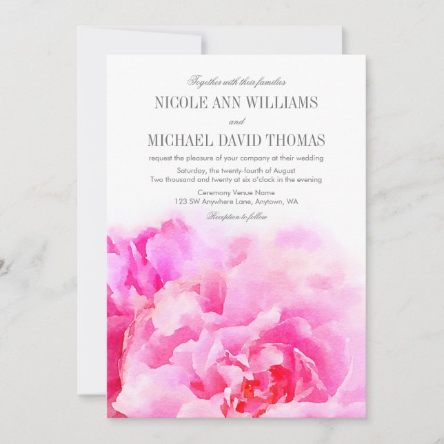 Watercolor Pink Peony Floral Wedding Invitations (Front)