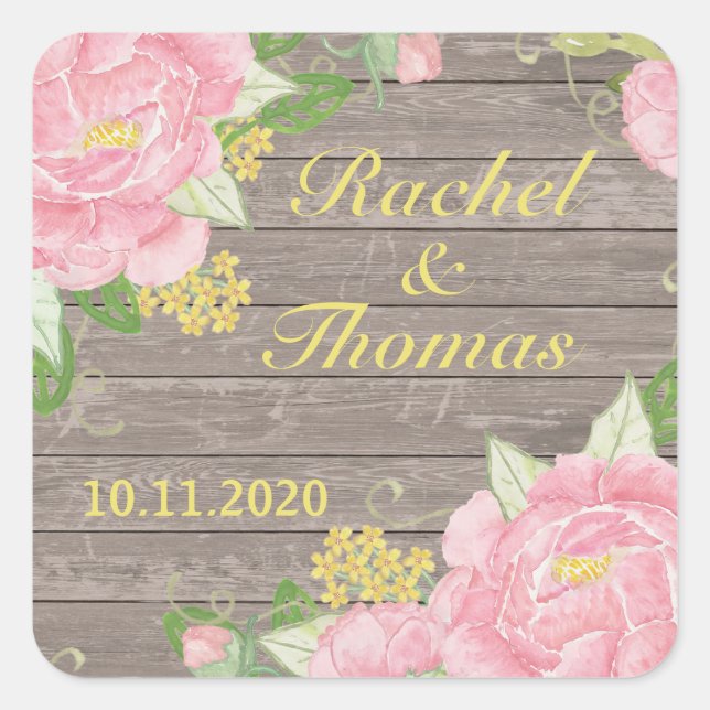 Watercolor pink peony on wood Wedding Sticker (Front)
