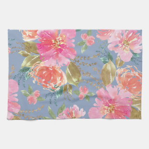Watercolor Pink Peony Pattern Tea Towel