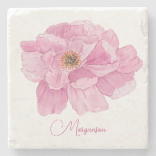 Watercolor Pink Peony  Stone Coaster