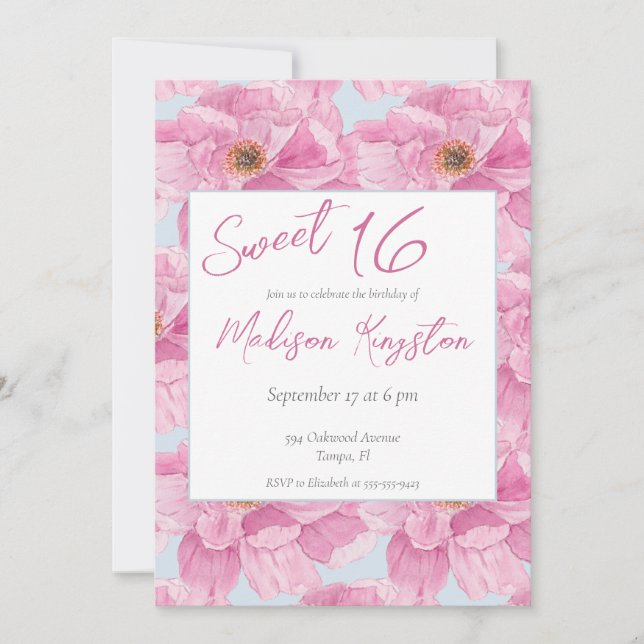 Watercolor Pink Peony Sweet 16 Party Invitation (Front)