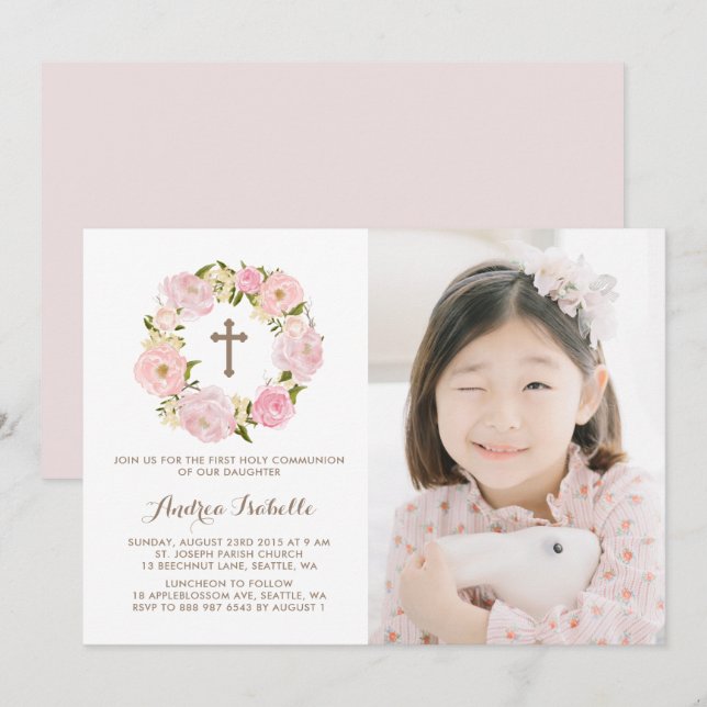 Watercolor Pink Peony Wreath Photo First Communion Invitation (Front/Back)