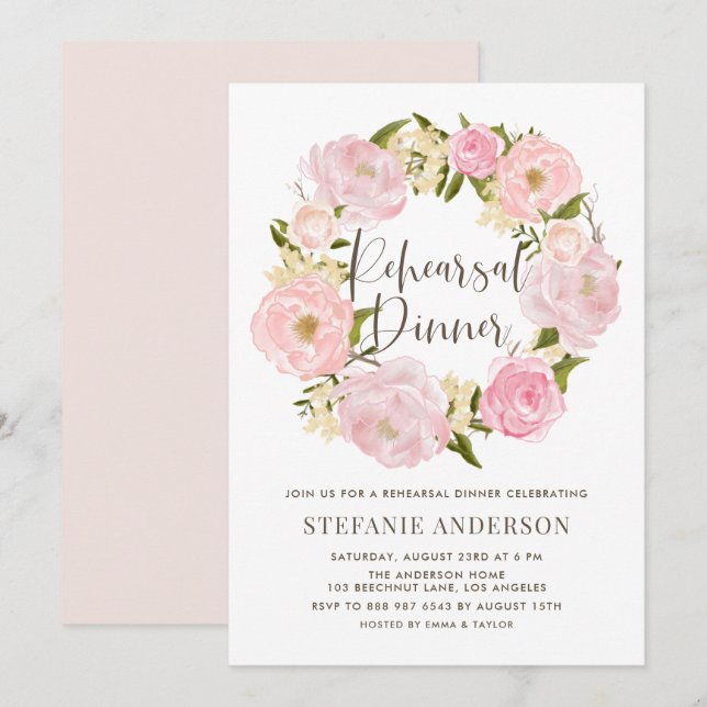Watercolor Pink Peony Wreath Rehearsal Dinner Invitation (Front/Back)
