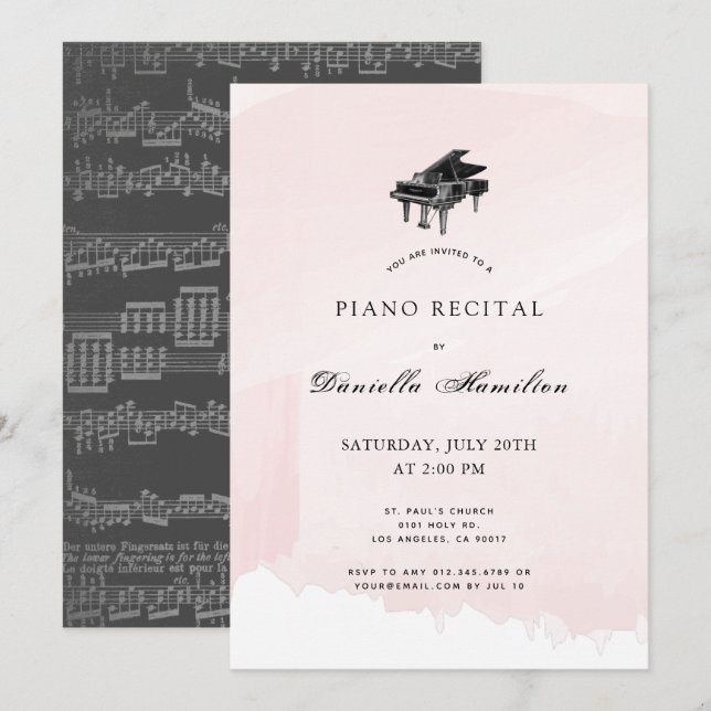 Watercolor Pink Piano Recital  Invitation (Front/Back)