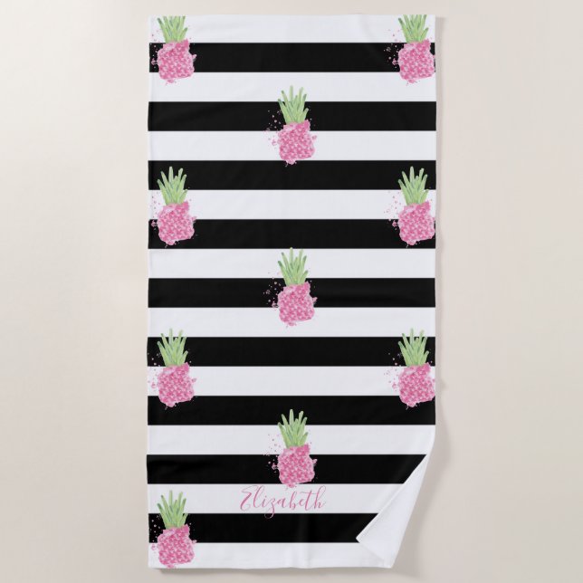 Watercolor Pink Pineapples, Black White Stripes   Beach Towel (Front)