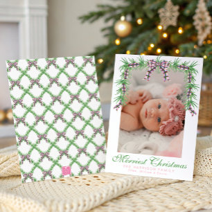 Watercolor Pink Plaid Bow Garland Swag Photo Holiday Card
