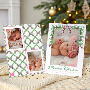 Watercolor Pink Plaid Bow Garland Swag Photo Holiday Card