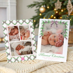 Watercolor Pink Plaid Bow Garland Swag Photo Holiday Card