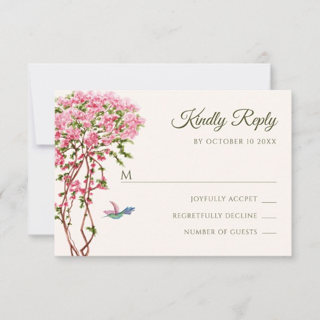 Watercolor pink plants  RSVP card (Front)