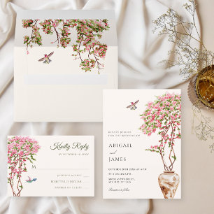 Watercolor pink plants wedding invitation