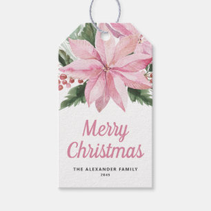 Watercolor Pink Poinsettia and Berries Christmas Gift Tags