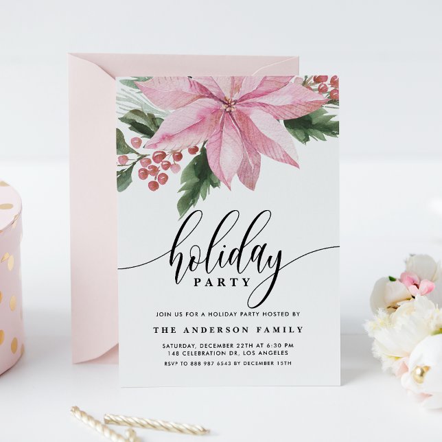 Watercolor Pink Poinsettia and Holly Holiday Party Invitation (Creator Uploaded)