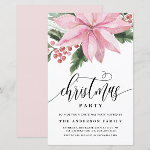 Watercolor Pink Poinsettia Christmas Invitation