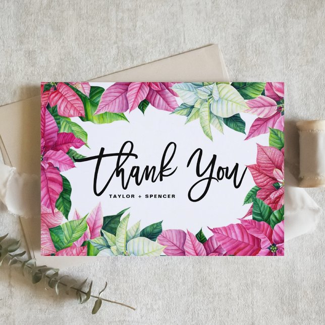 Watercolor Pink Poinsettia Christmas Wedding Thank You Card (Creator Uploaded)