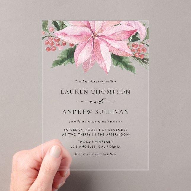 Watercolor Pink Poinsettia Floral Winter Wedding Acrylic Invitations (Insitu (Handheld))