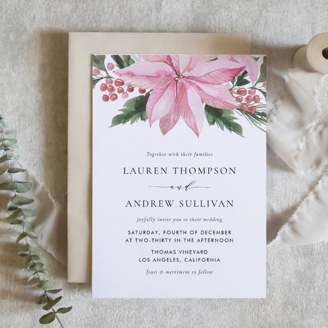 Watercolor Pink Poinsettia Floral Winter Wedding Invitation (Gray Modern Minimalist Foliage Wedding Invitation)
