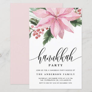 Watercolor Pink Poinsettia Hanukkah Invitation