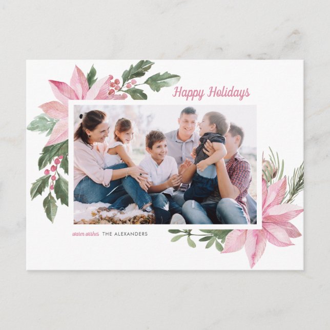 Watercolor Pink Poinsettia Happy Holidays Photo Holiday Postcard (Front)