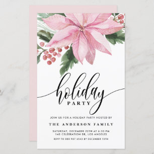 Watercolor Pink Poinsettia Holiday Invitation