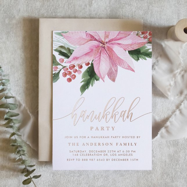Watercolor Pink Poinsettia Holly Hanukkah Party (Creator Uploaded)