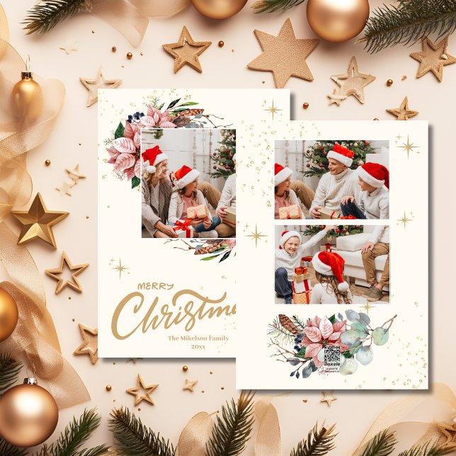 Watercolor Pink Poinsettia Merry Christmas Photo  Holiday Card (Creator Uploaded)